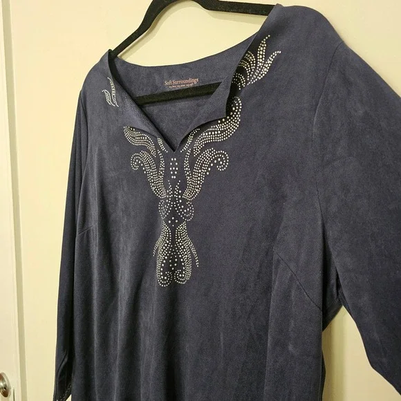 Soft Surroundings 1X Ambrosia Faux Suede‎ Tunic Dress Blue Studded Boho Casual - Picture 4 of 9